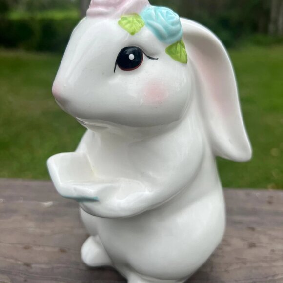 White Ceramic Easter Bunny Holding Bible Figurine Religious Holiday Decor - Picture 1 of 5